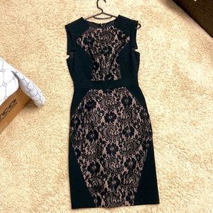 Adrianna Papell Black Lace Cocktail Sheath Dress SIZE 2 Cap Sleeves
